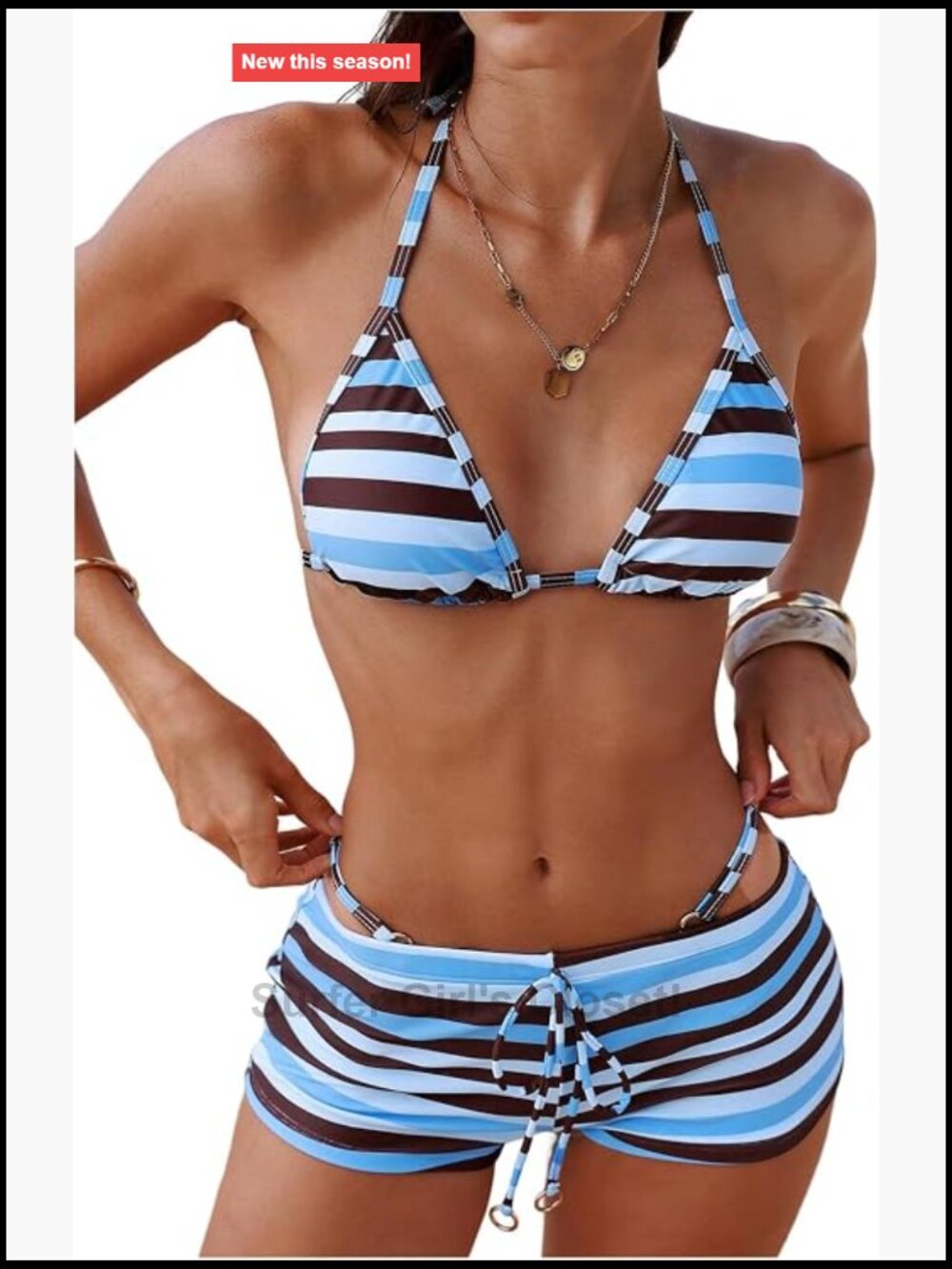 Striped Halter Triangle High Cut Bikini Set With Swim Shorts